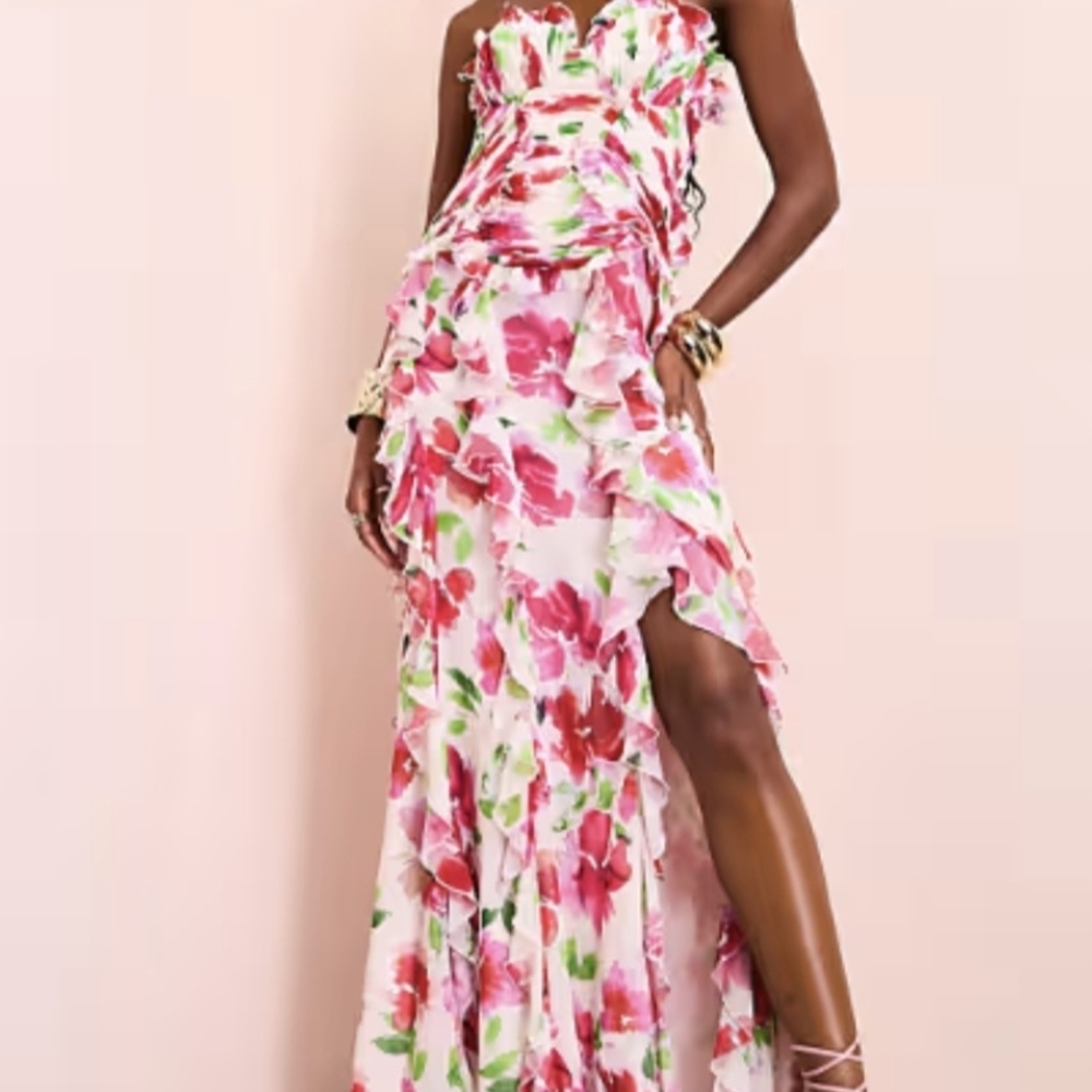 💋ASOS Strapless Pink Floral Ruffle Maxi Dress💋